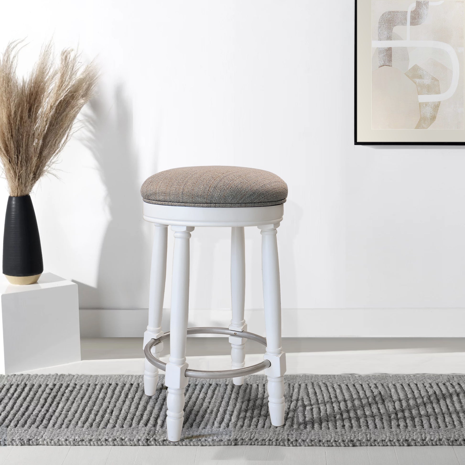 Bar Stools Set Of 2 White Color, 360 Degree Swivel, Accent Wooden Swivel Seat Counter Height Bar Stool, Grey Cushion Seat, Barstool Perfect For Dining And Living Room Height 26" Cushion Solid White