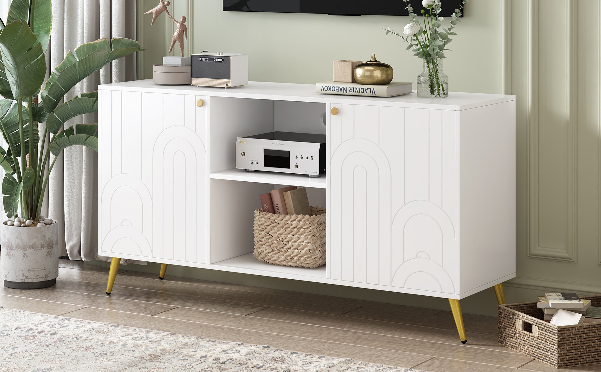 Modern Tv Stand For Tvs Up To 55 Inches, Entertainment Center Media Console,Adjustable Shelf, Metal Legs, Handles And Anti Tip Device For Living Room White 50 59 Inches Mdf