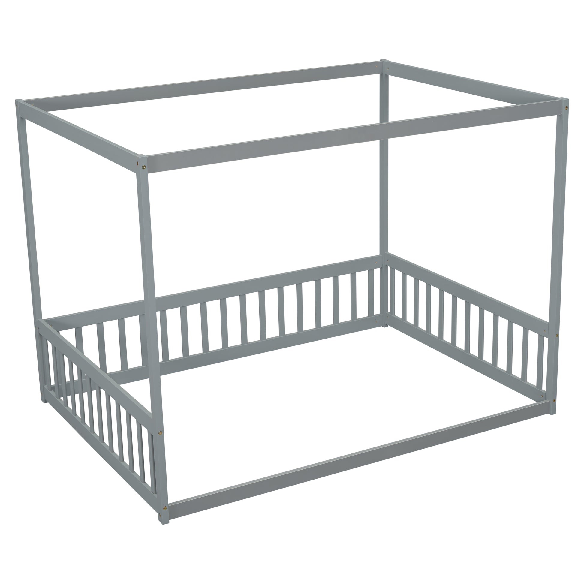 Full Size Canopy Frame Floor Bed With Fence, Guardrails,Grey Full Grey American Design Pine