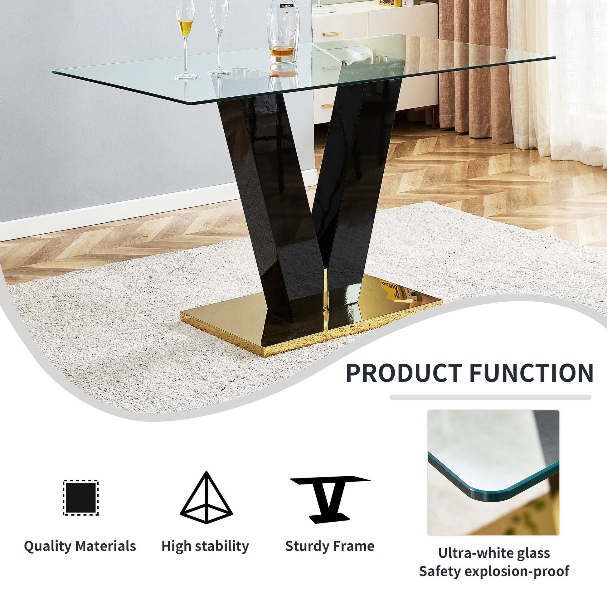 Table And Chair Set. A Rectangular Glass Dining Table With A 0.4 Inch Tempered Glass Tabletop And Mdf Board V Shaped Bracket, Paired With Chairs Consisting Of Pu Seat Cushions And Golden Metal Legs. White Black Seats 4 Tempered Glass