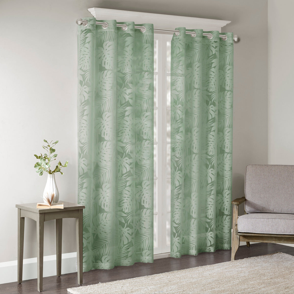 Palm Leaf Burnout Window Sheer Sage Green 50X95" Sage Green Polyester