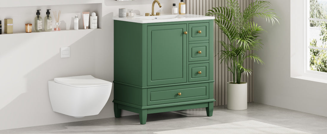 30" Bathroom Vanity With Sink, One Door With Shelf And Three Drawers, Soft Close Door, Green Green Ceramic Mdf,Rubber Wood