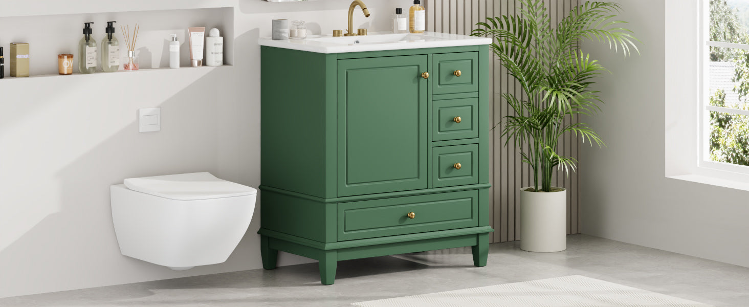 30" Bathroom Vanity With Sink, One Door With Shelf And Three Drawers, Soft Close Door, Green Green Ceramic Mdf,Rubber Wood