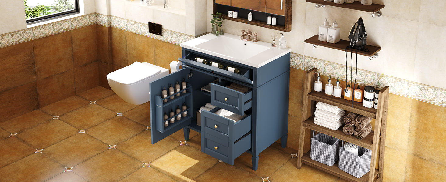 30'' Bathroom Vanity With Top Sink, Modern Bathroom Storage Cabinet With 2 Drawers And A Tip Out Drawer, Single Sink Bathroom Vanity 3 Blue 1 2 Adjustable Hinges Bathroom Freestanding Modern Solid Wood Mdf Resin Painted