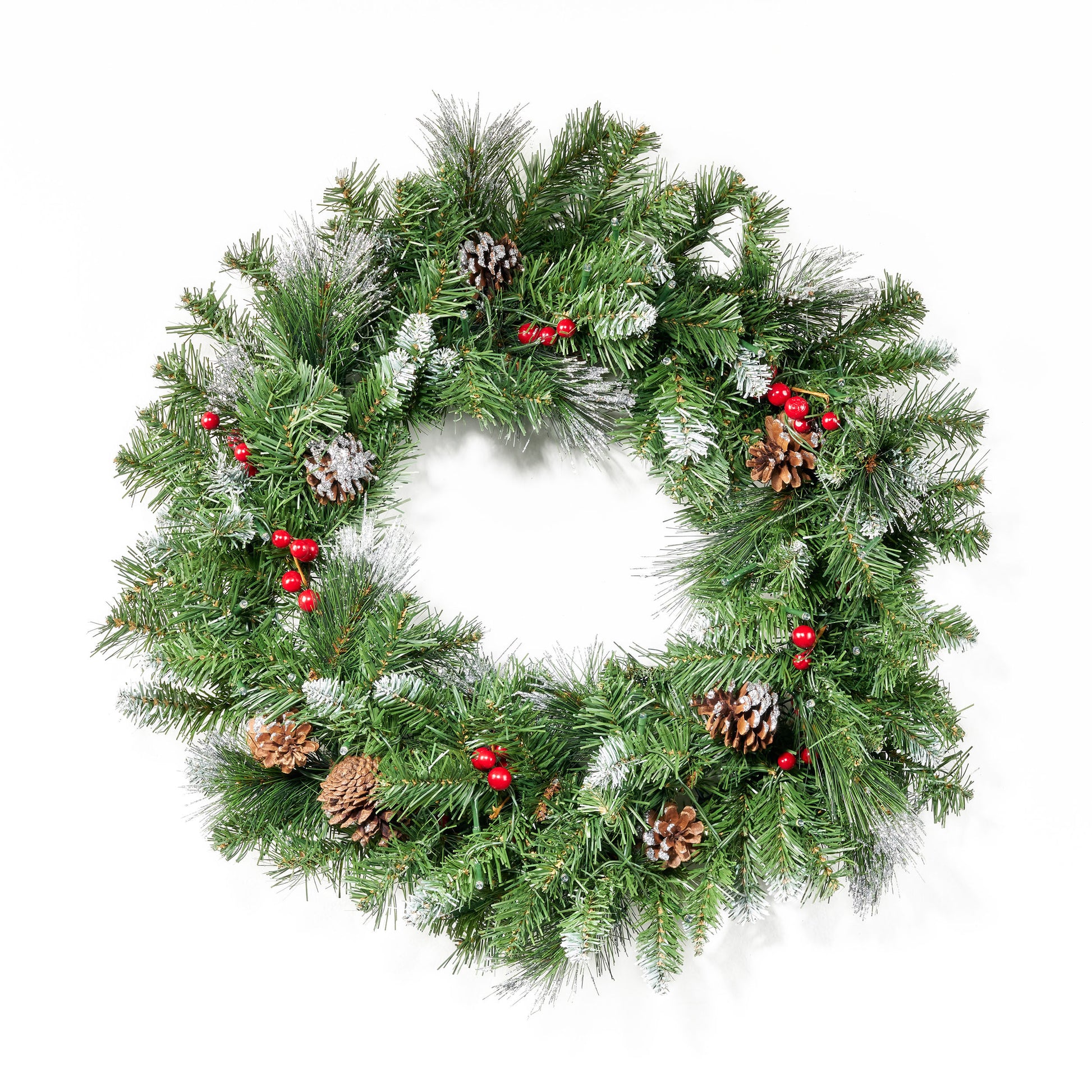 2 Packed 24'' Glitter Bristle Mixed Wreath With With 9 Red Berry And 9 Pine Cones And 50 Warm White Led Lights With Timer Battery Operated Outdoor, 150 Tips Green Pvc