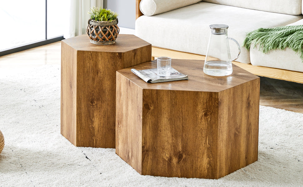 Modern Minimalist Set Of Two Hexagonal Wood Grain Mdf Coffee Tables.Modern Mdf Coffee Table, With Complex Texture Patterns, Style And Texture Coffee Table To Redefine Your Interior Decoration. Wood