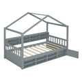 Twin Size Wooden House Bed With Shelves And A Mini Cabinet, Gray Twin Box Spring Not Required Gray Wood Bedroom Pine Bed Frame Wood