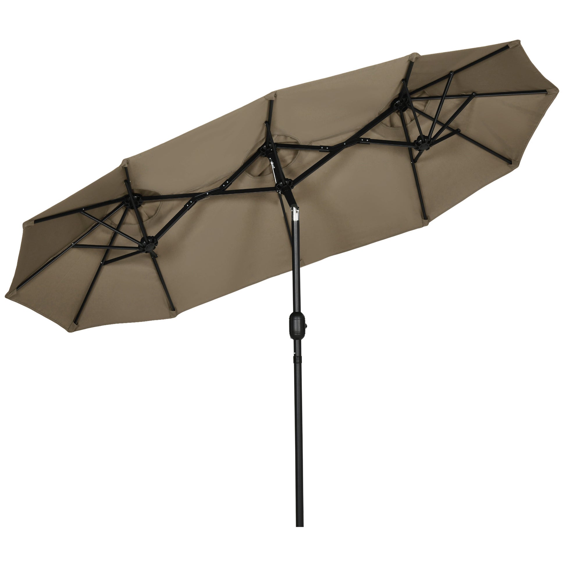 Outsunny Double Sided Patio Umbrella 9.5' Large Outdoor Market Umbrella With Push Button Tilt And Crank, 3 Air Vents And 12 Ribs, For Garden, Deck, Pool, Gray Light Brown Polyester