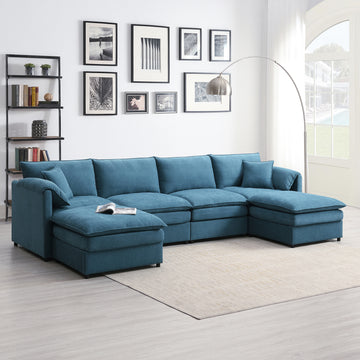 134*66" Chenille Modular Sectional Sofa,U Shaped Cloud Couch Set With Double Cushions ,6 Seat Sleeper Sofa Bed With Ottomans,Oversized Indoor Furniture For Living Room, 3 Colors Blue Chenille 6 Seat