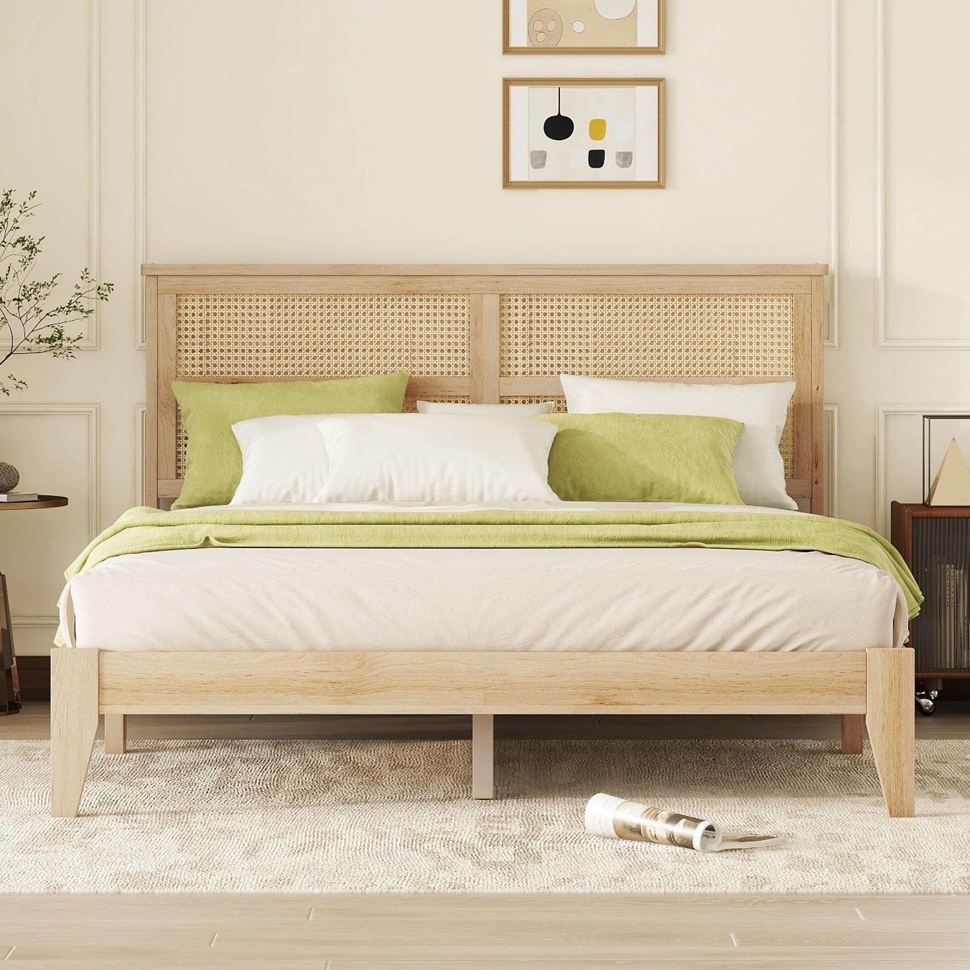Queen Size Rubber Wooden, Solid Wooden Bed With Rattan Headboard, Enhanced By Support Feet Queen Natural American Design Rubber Wood