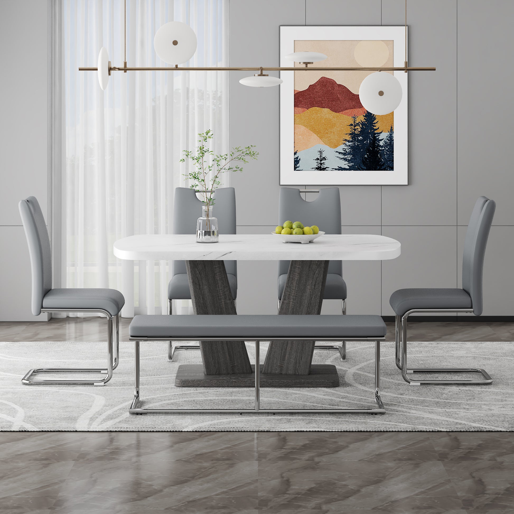 Dining Table Set For 6, 6 Piece Dining Table Set, Faux Marble Table Top And Modern Design Mdf Base With 4 Pu Leather Ergonomic Dining Chairs&1 Bench Metal Grey White Modern Mdf Metal