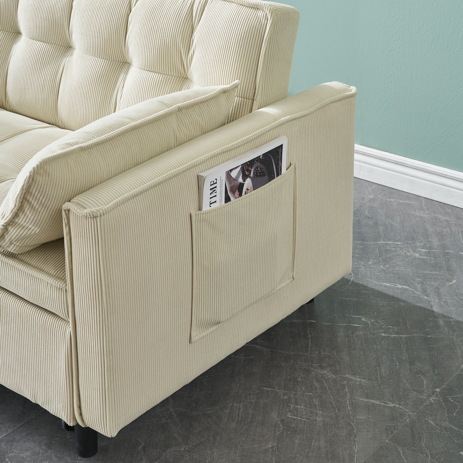 54.30 Inch Double Upholstered Broaching Machine, Plank Support, Upholstered Frame Broaching Machine, Twin Bed, Beige Beige Corduroy 2 Seat