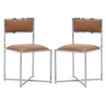 Eun 20 Inch Vegan Faux Leather Dining Chair, Chrome Base, Set Of 2, Brown Brown Metal