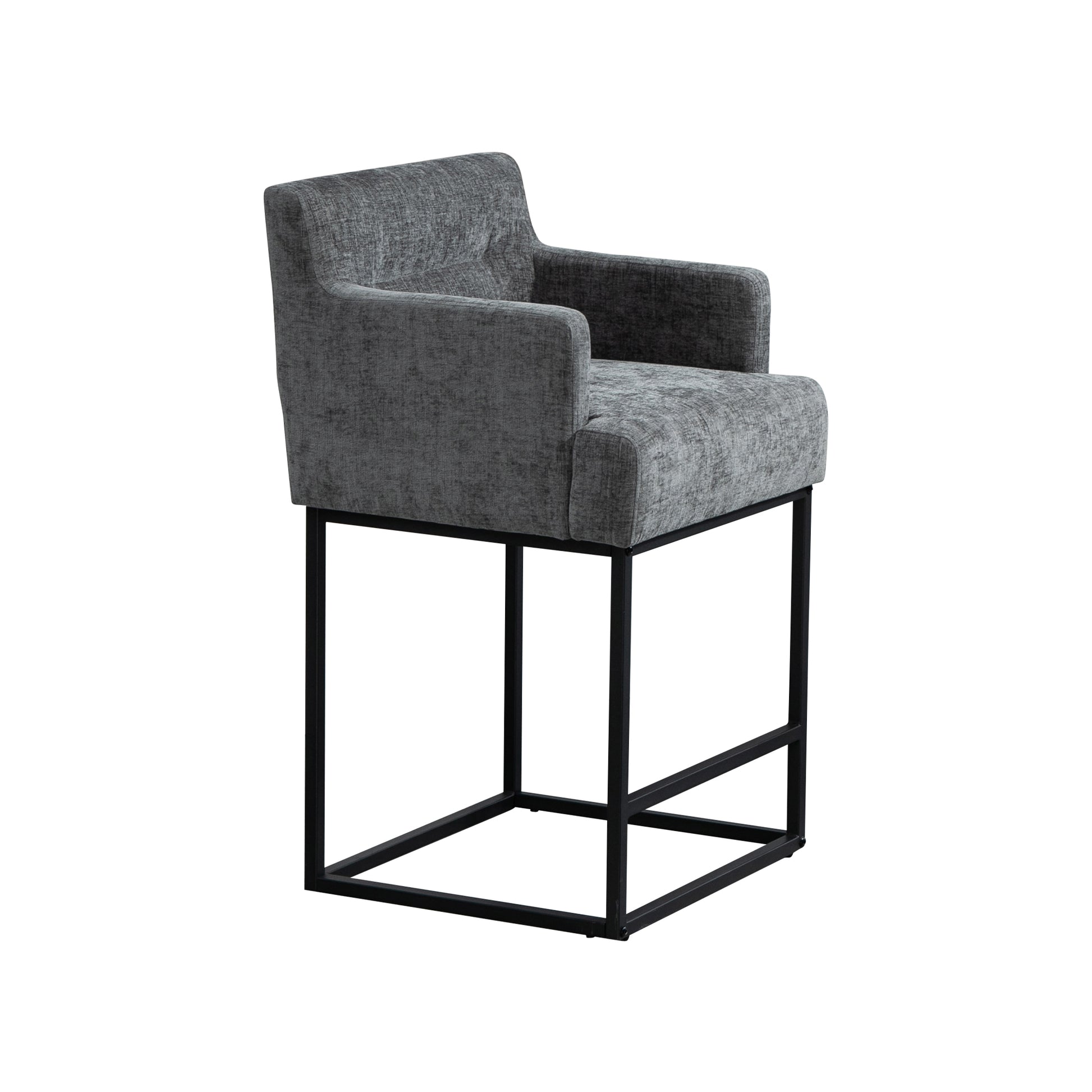 Coolmore Counter Height Bar Stools Set Of 2, Modern Barrel Bar Stool With Backrest And Arms, Black Metal Frames, Upholstered Bar Stools For Kitchen Island, Pub, Club Gray Foam Chenille