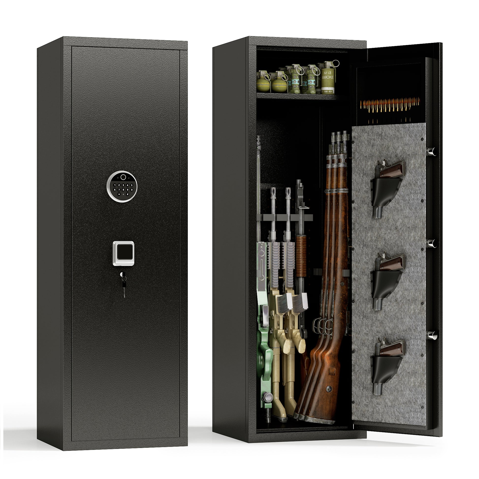 Large Safe Cabinet With 3 Pistol Pouches, Heavy Duty Biometric Fingerprint Lock, Rifle Safe With Adjustable Stand, Detachable Structure Safe, Rifle And Shot, Money Storage Cabinet Black Primary Living Space Classic Metal Metal