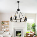 Rustic Farmhouse 10 Light Candle Chandelier, Black Metal And Wood Round Hanging Light Fixture For Dining Room, Kitchen, Living Room, Adjustable Height, E12 Bulb Base No Bulbs Matte Black,White Oak