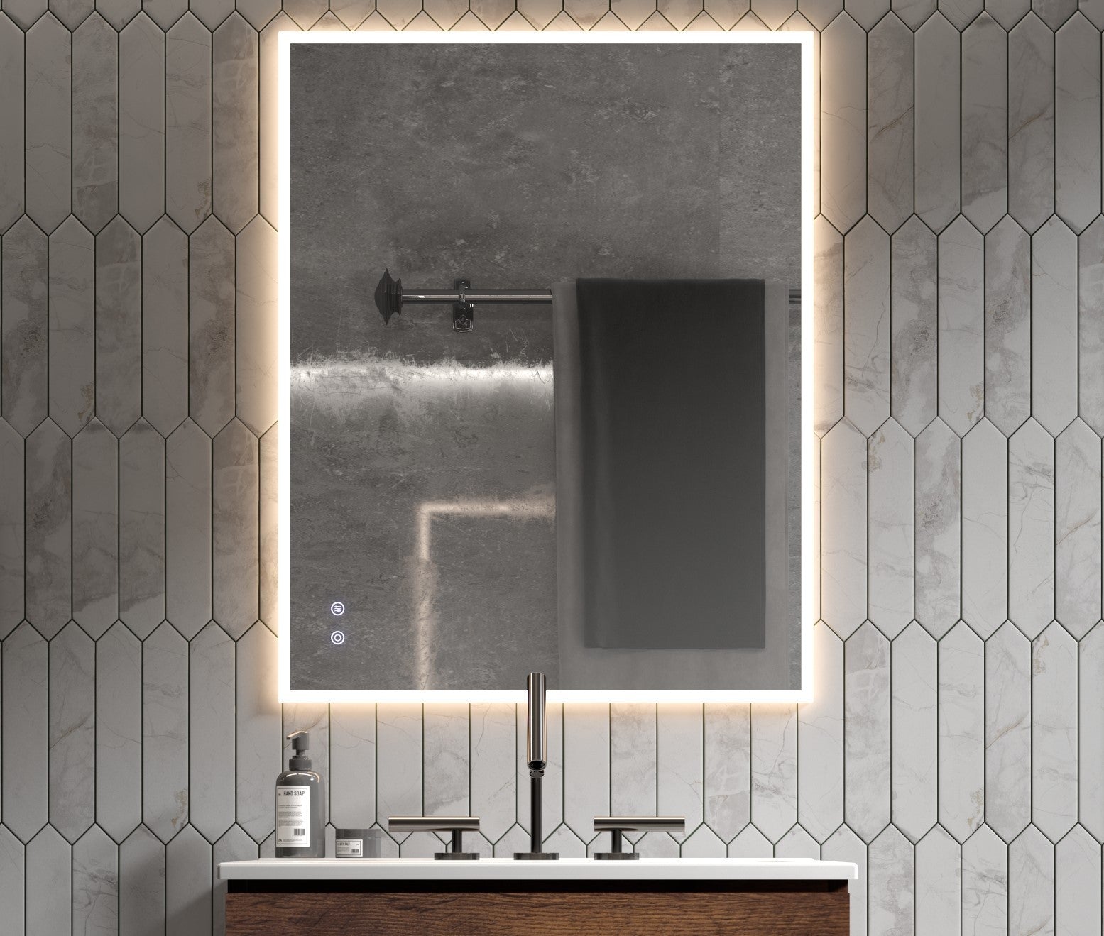 30" W X 24" H Modern Wall Mounted Led Backlit Anti Fog Rectangular Bathroom Mirror With Us Standard Plug, Temperature Adjustable And Memory Function Touch Switch White Glass