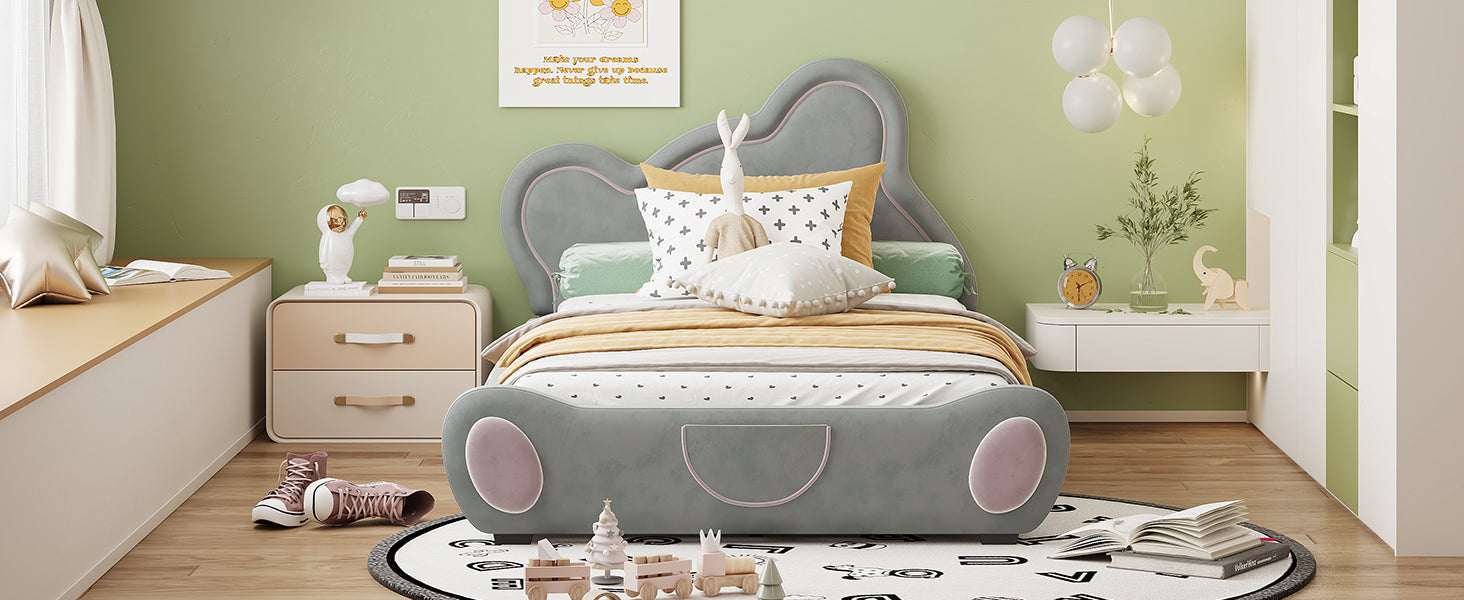 Twin Size Velvet Platform Bed With Bear Shaped Headboard, With Bed End Storage Pocket, Gray Twin Gray Plywood