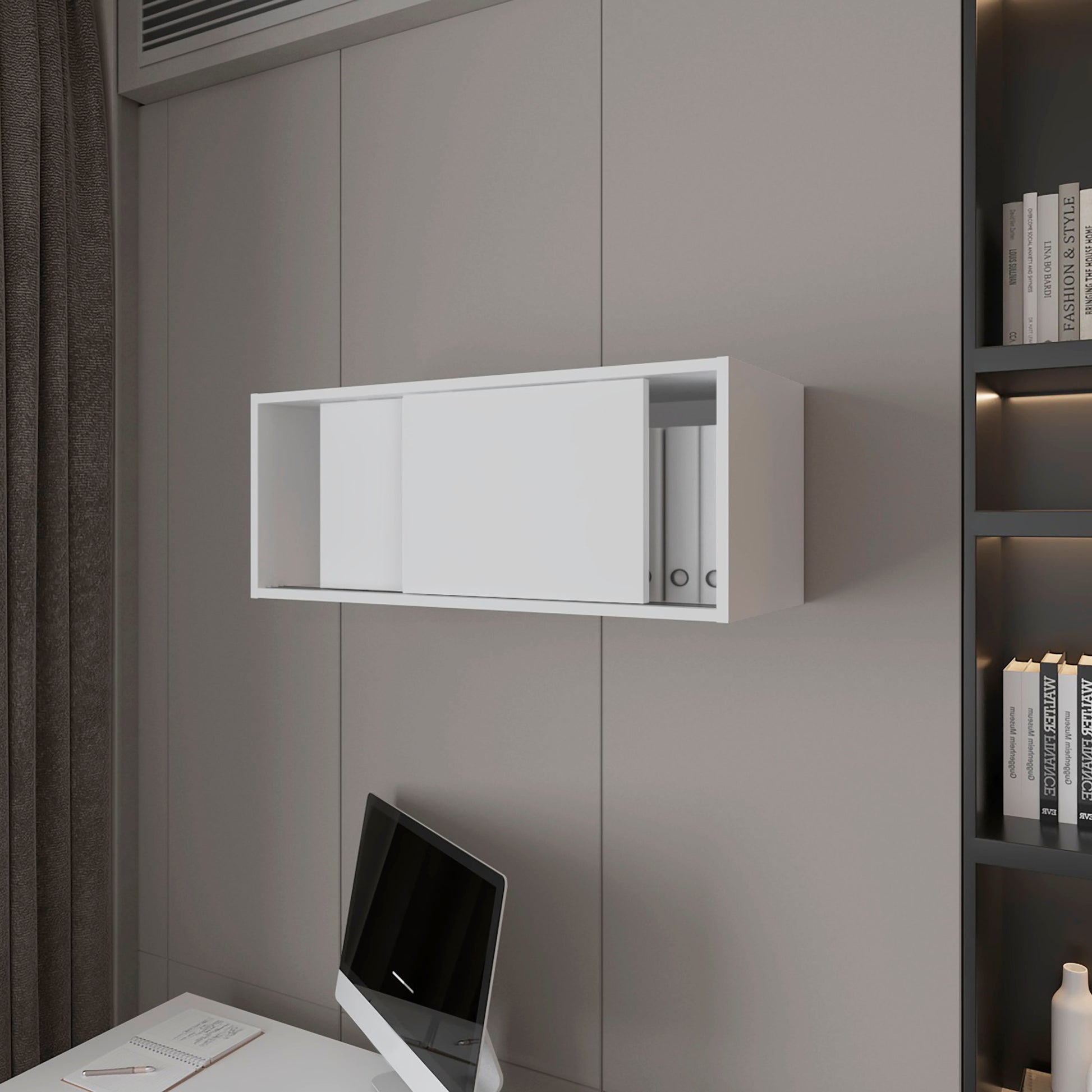 Anegam Floating Cabinet With Sliding Door, White Wall Mounted White Office Wall Mounted Modern Particle Board Melamine