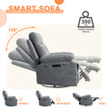 Power Recliner Glider Chair With Bluetooth Speaker 270 Degree Swivel With Led Light Side Arm With Storage Pockets Usb Type C Charging Port Button Control Retractable Footrest Adjustable Backrest Lg Light Grey Linen Power Push Button Metal Primary Living