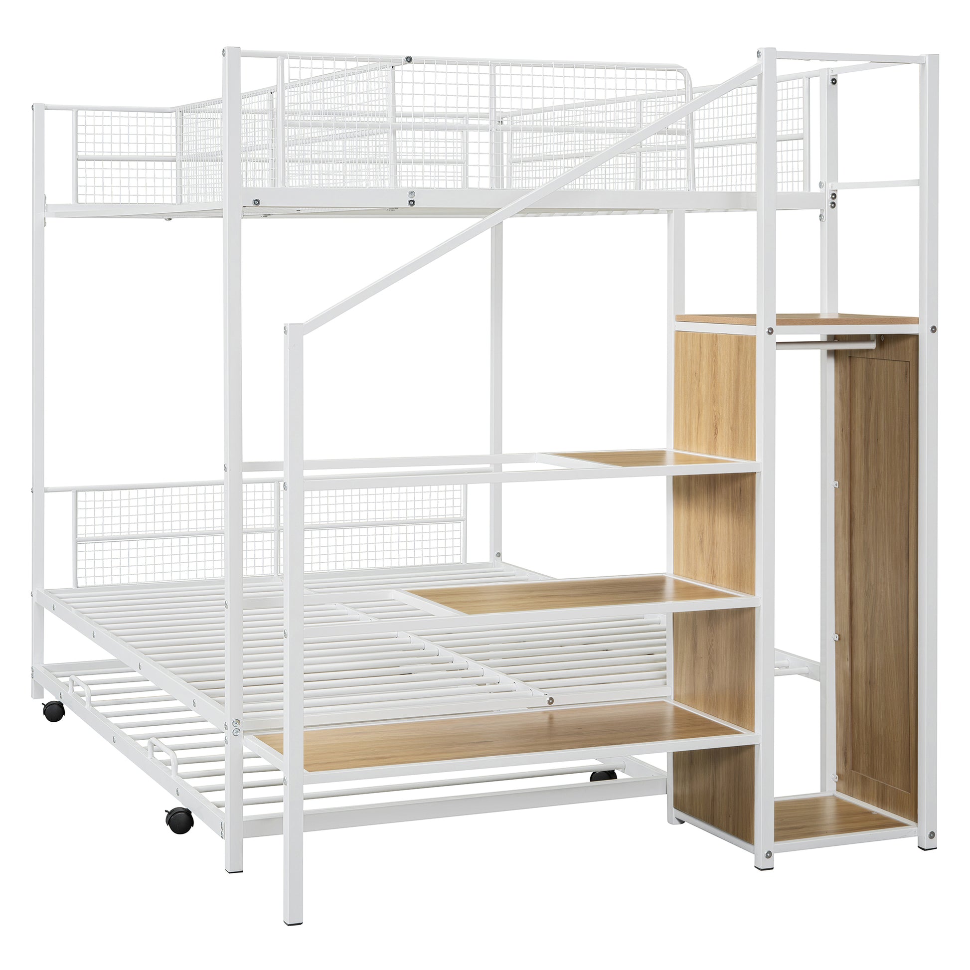 Twin Over Full Metal Bunk Bed With Trundle And Lateral Storage Ladder And Wardrobe, White White Metal