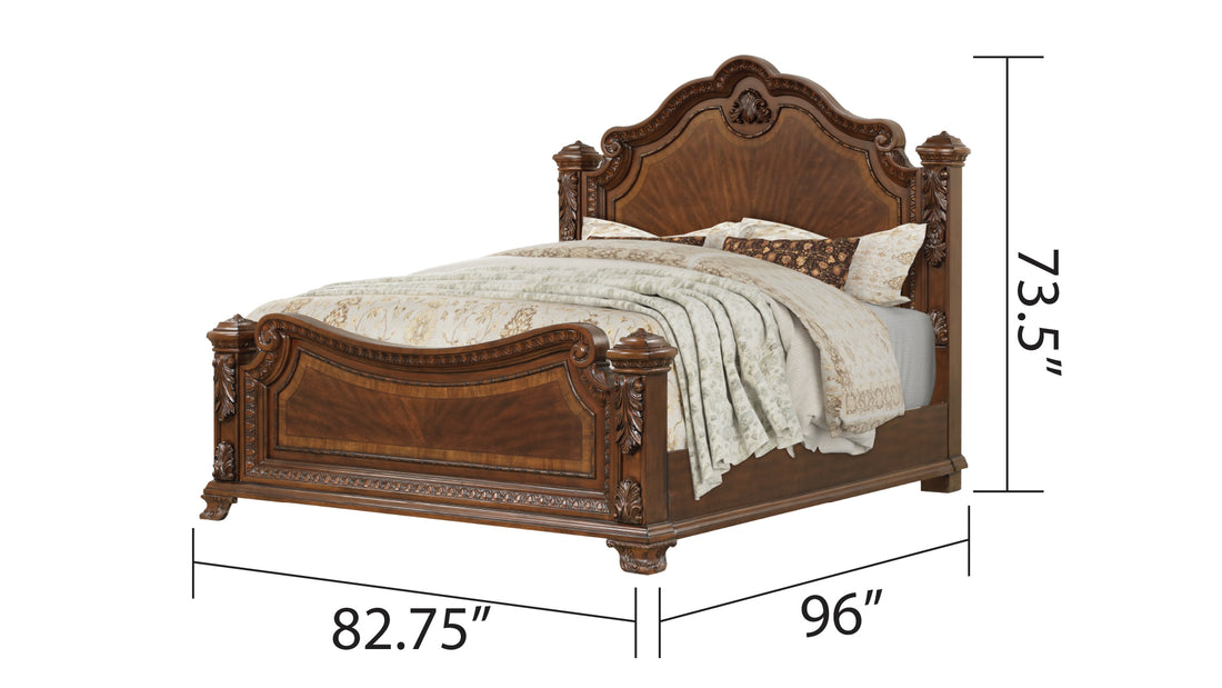 Traditional Style King Bed With Intricate Wood Carvings Made With Wood In Walnut Box Spring Required King Walnut Wood Bedroom Bed Frame Solid Wood Mdf Wood