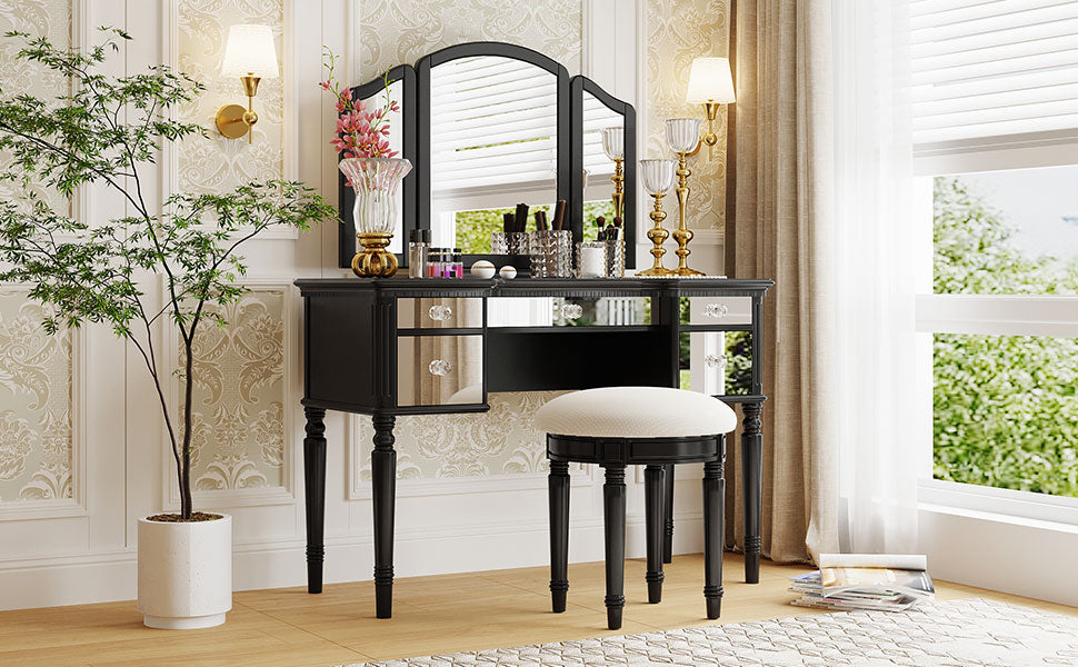 43" Dressing Table Set With Mirrored Drawers And Stool, Tri Fold Mirror, Makeup Vanity Set For Bedroom, Black Black Solid Wood Mdf