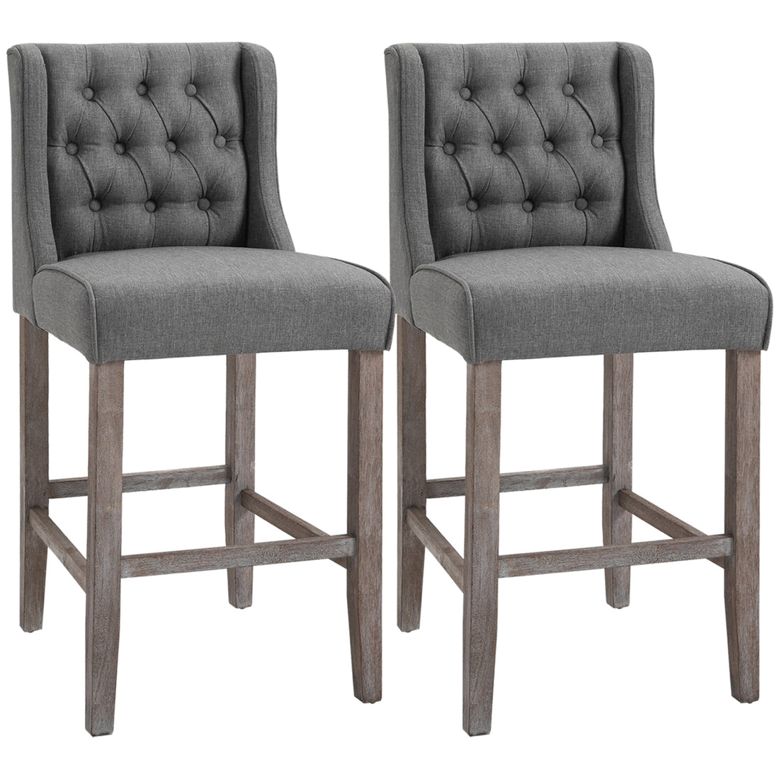 Homcom 26.25" Counter Height Bar Stools, Tufted Wingback Armless Upholstered Dining Chair With Rubber Wood Legs, Set Of 2, Gray Gray Wood