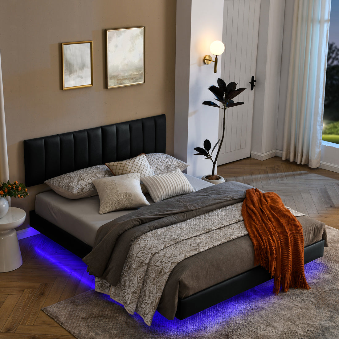 Queen Floating Bed Frame With Led Lights And Wall Mounted Headboard Modern Low Profile Led Platform Bed Frame Queen Size Faux Leather Upholstered Platform Bed Frame,No Box Spring Needed,Black Queen Black Pu