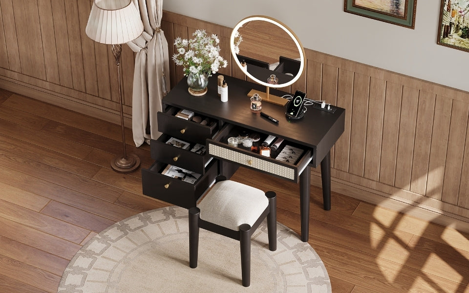 39" Retro Bohemian Style Wooden Makeup Vanity Set With Charging Plug&Usb Port And Stool, Dressing Table With 3 Storage Drawers And 1 Rectangular Rattan Drawer, Black Expected Arrival Time: 08.23 Black 4 Drawers Wood
