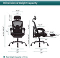 Retractable Footrest Ergonomic Swivel Office Chair With Lumbar Support Pillow And Padded Armrests, Black Black Metal