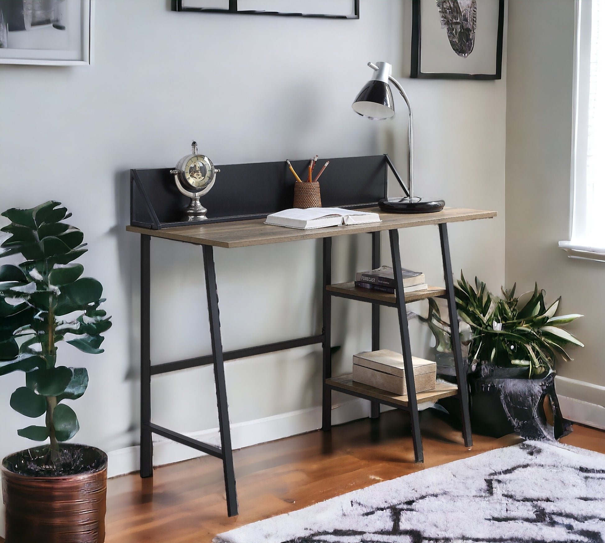 Garima Writing Desk, Rustic Oak & Black Finish Of00321 Black Mdf Metal