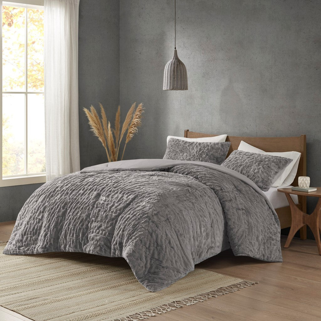 Ruched Fur Down Alternative Comforter Set Queen Grey Polyester