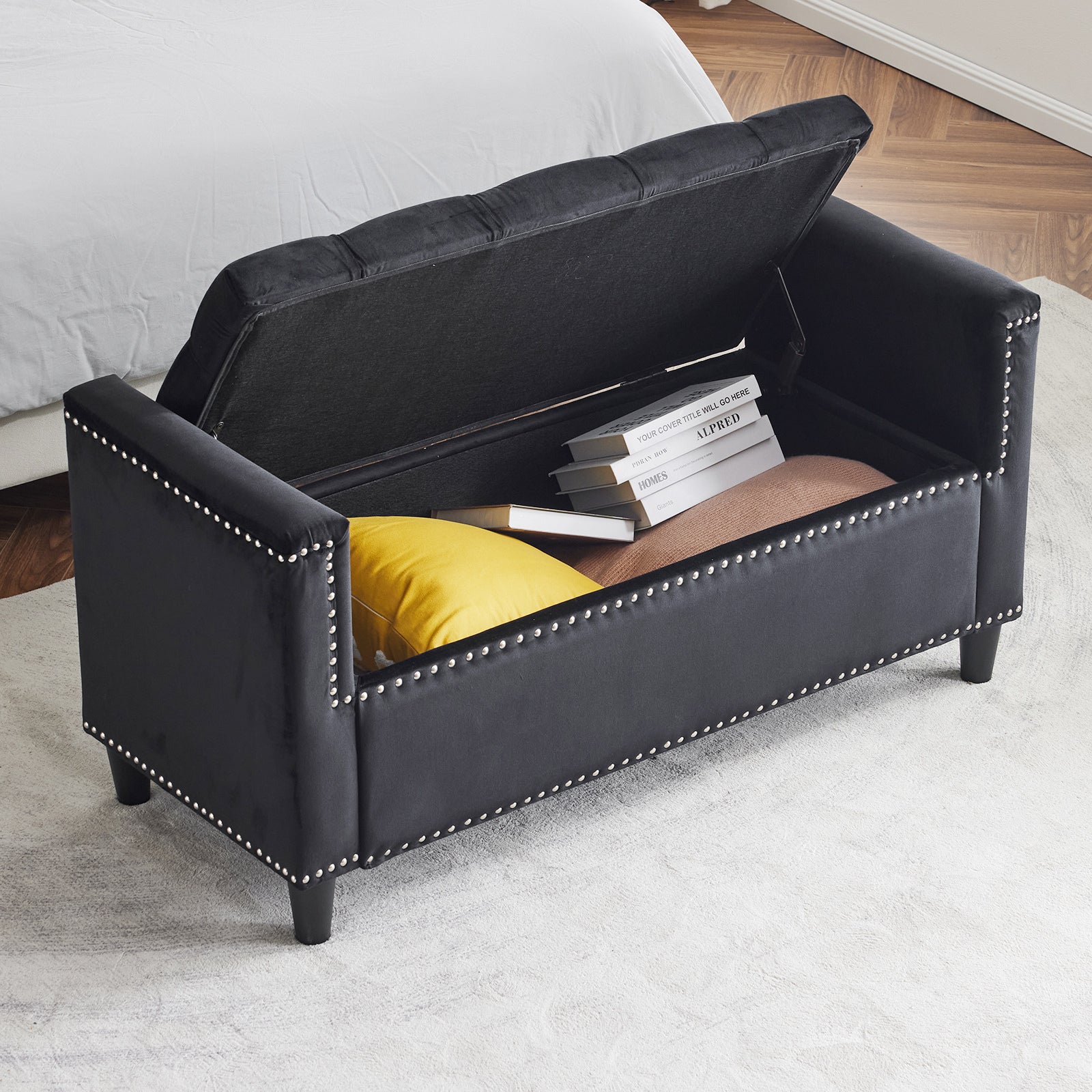 Storage Bench, 44.5 Inch Queen Velvet Button Bedside Bench, Entryway Living Room With Armrests, Trim, Upholstered Bedroom Bench, Bedside Ottoman, Living Room, Entryway, Black Nailheads Black White Velvet Primary Living Space Solid Black Modern Wood