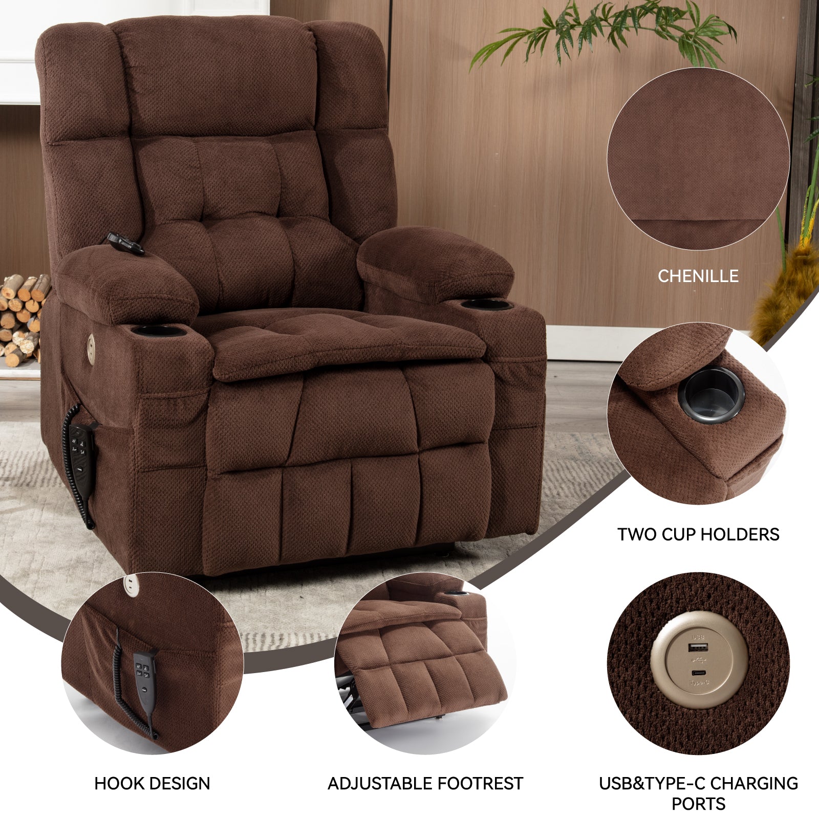 Brown Dual Motor Infinite Position Up To 350 Lbs Chenille Power Lift Recliner Chair, Heavy Duty Motion Mechanism With 8 Point Vibration Massage And Lumbar Heating, Dual Cup Holders White Metal