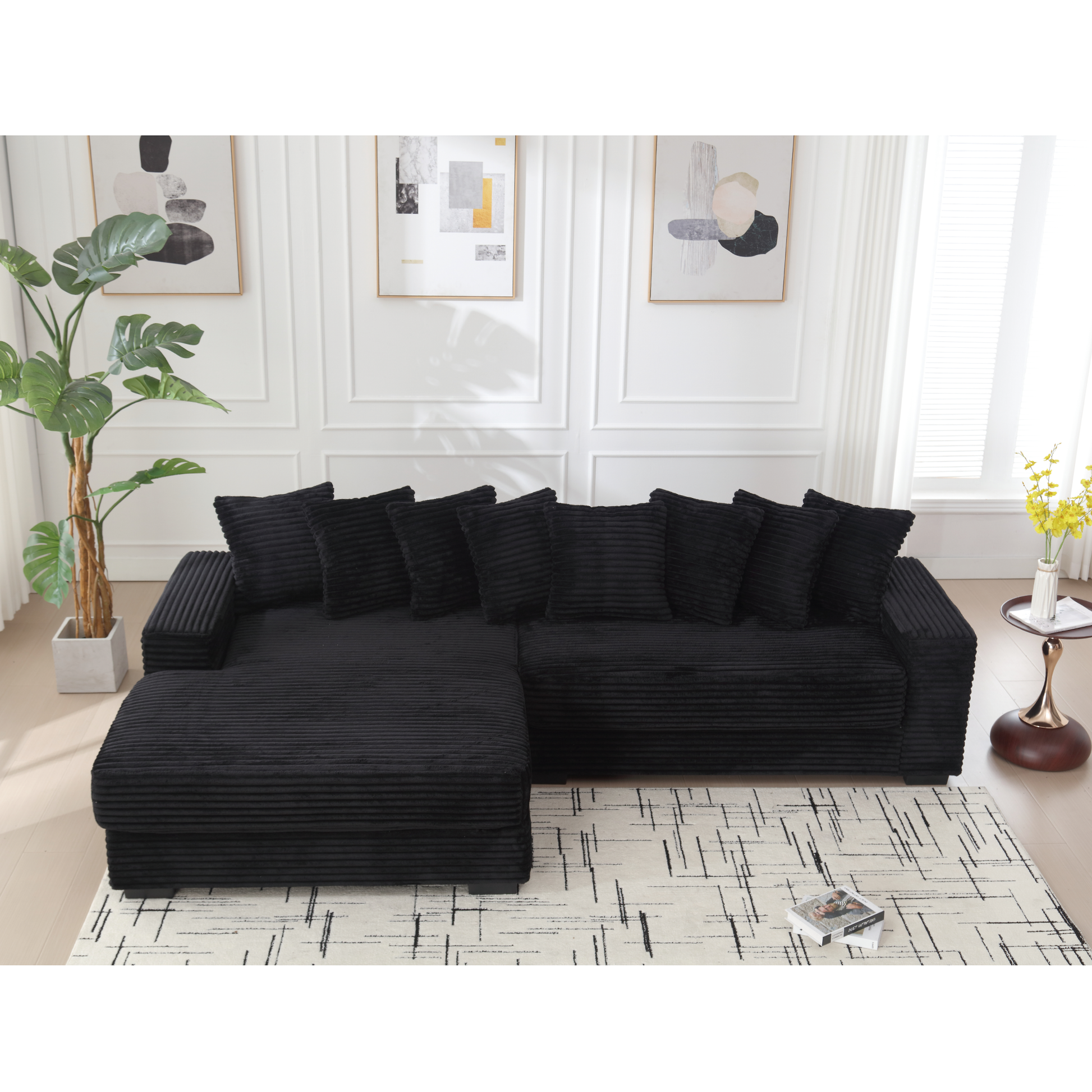 Arrived Oversized Two Piece Couches, L Shaped Sofa, Corduroy, Left Chaise Daybed,With Armrests,Eight Throw Pillows,Corner Sofa,Easy To Assemble, Black Black Polyester Wood Primary Living Space