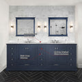 Navy Blue Double Bath Vanity 84 In. W X 22 In. D, With Carrara Marble Top Navy Blue Plywood Wood
