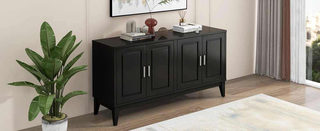 4 Door Sideboard Storage Cabinet With Door Shelf For Living Room And Dining Room, Two Large Cabinets With Adjustable Shelf, Black Black Rubberwood Solid Wood Mdf