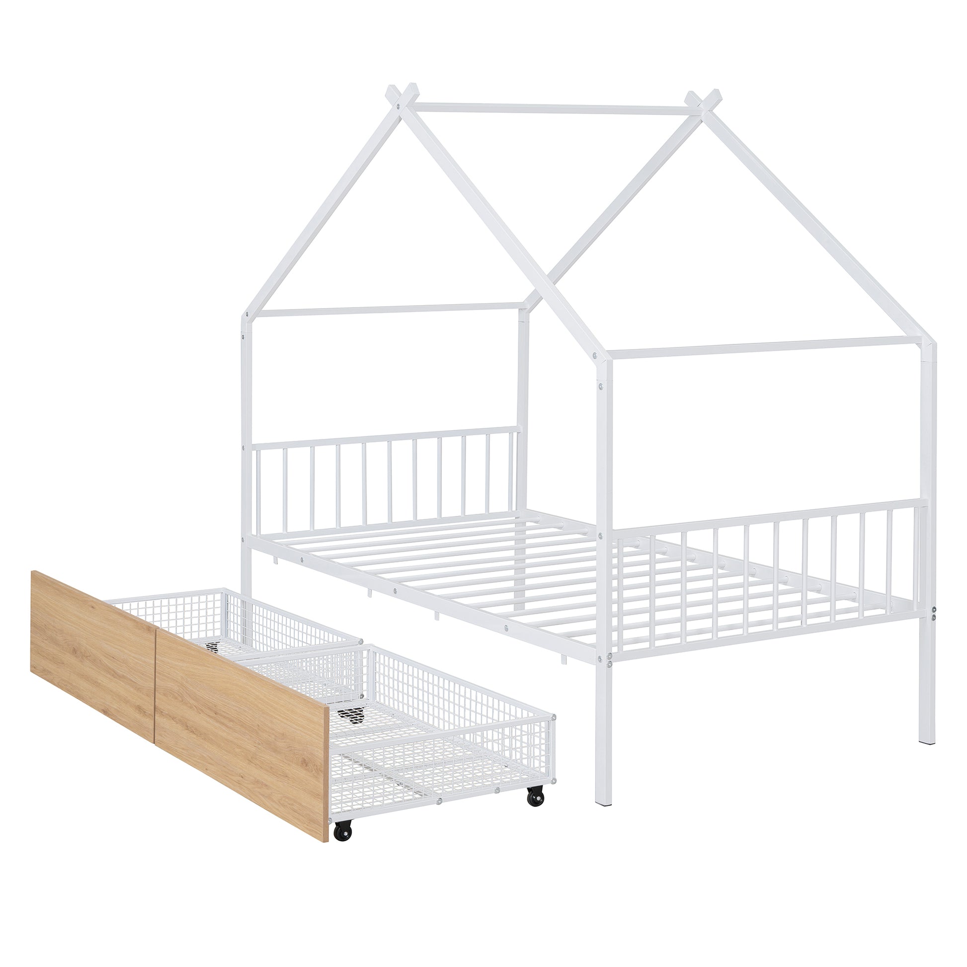 Twin Size Metal House Bed With Two Drawers, White Twin White Metal