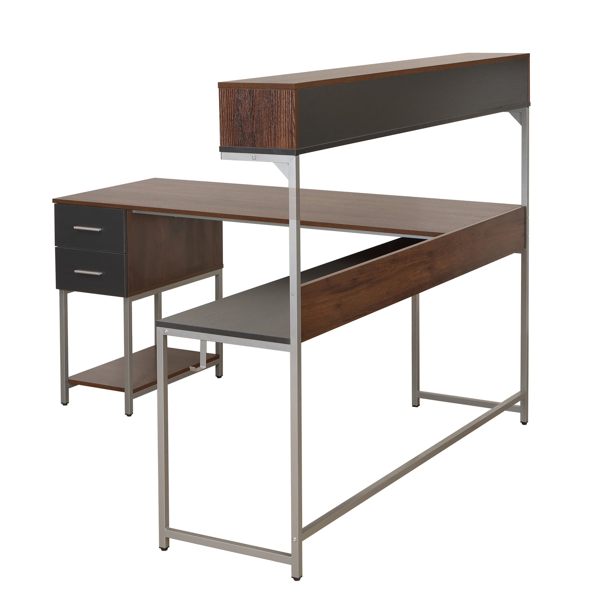 Techni Mobili L Shape Desk With Hutch And Storage, Walnut Walnut Computer Desk Office Modern L Shape Engineered Wood