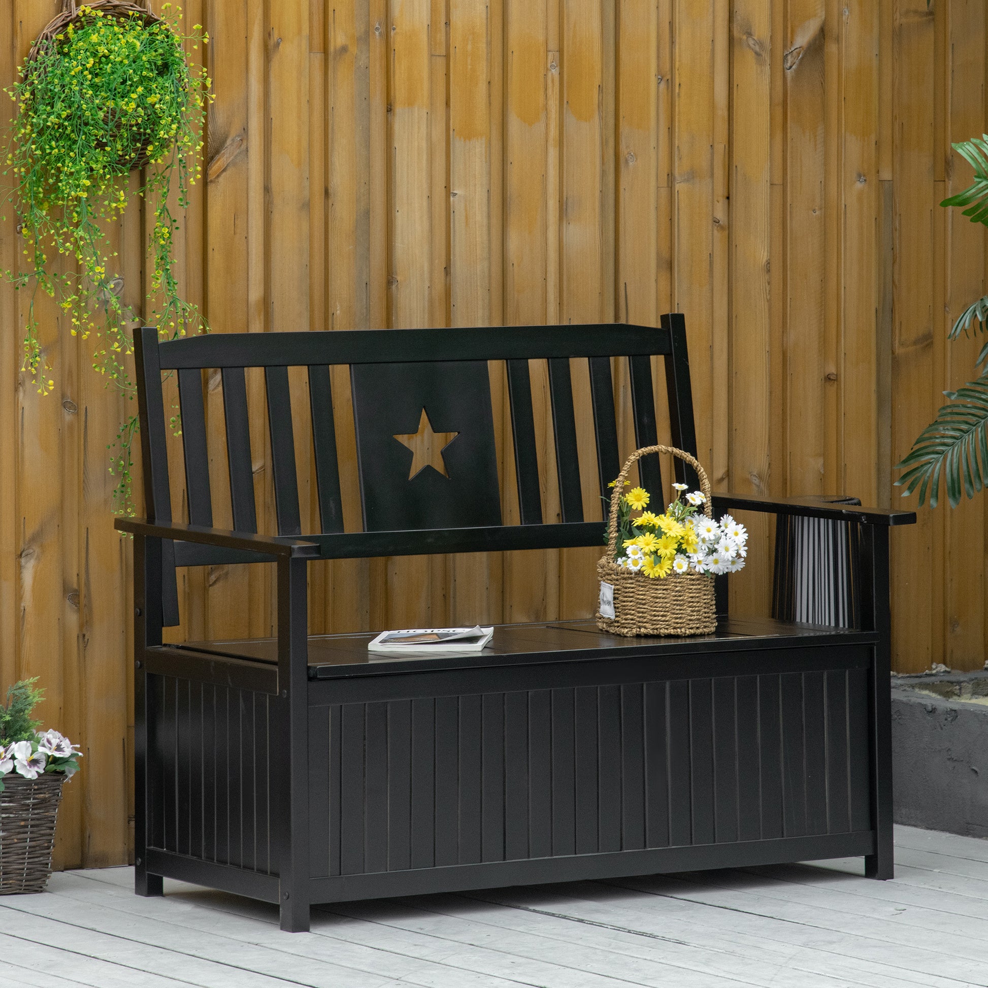 Outsunny Outdoor Storage Bench, 43 Gallon Deck Box With Armrests, Outdoor Storage Box For Patio Furniture Cushions And Garden Tools, Black Black Wood