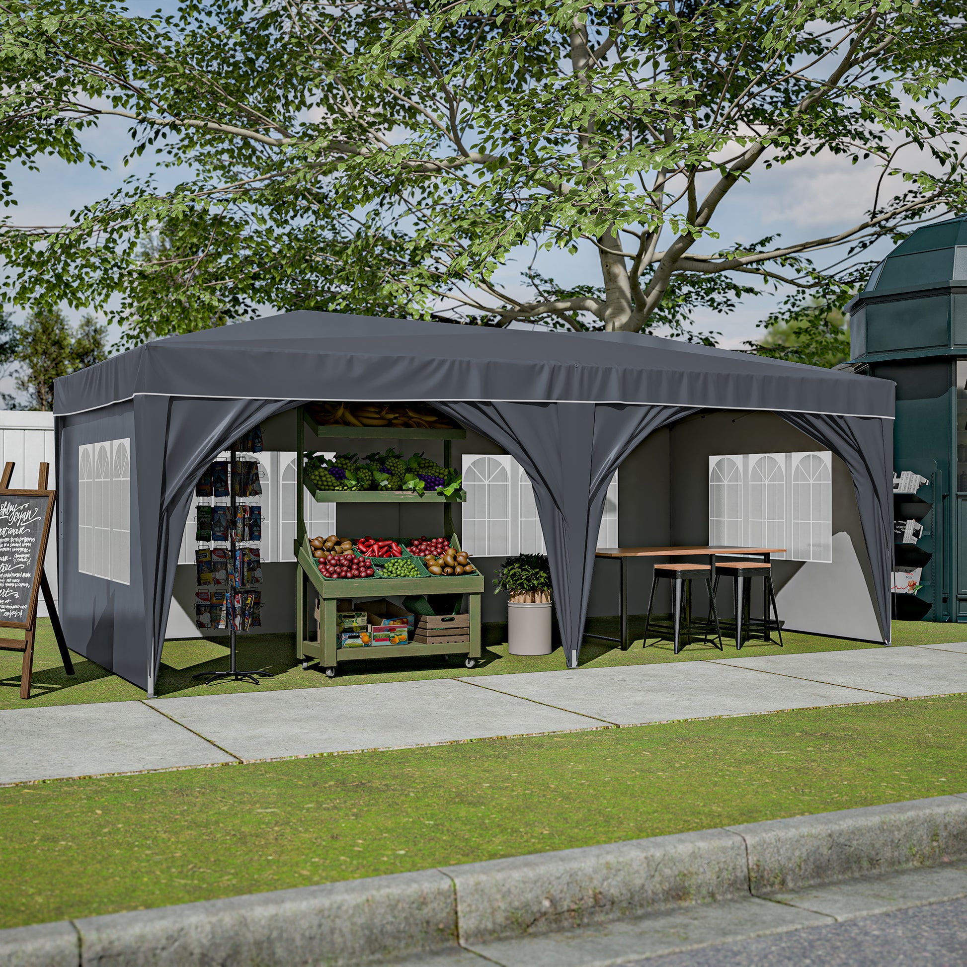 10'X20' Pop Up Canopy Tent With 6 Sidewalls, Ez Pop Up Outdoor Canopy For Parties, Waterproof Commercial Tent With 3 Adjustable Heights, Carry Bag, 6 Sand Bags, 6 Ropes And 12 Stakes, Gray Gray