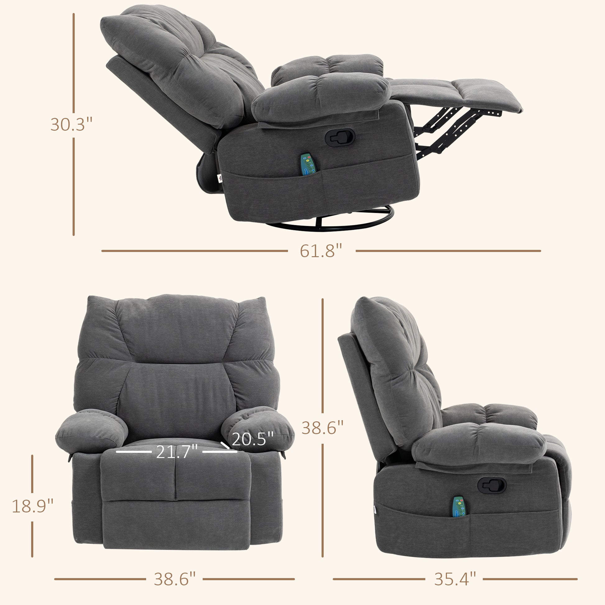 Homcom Vibration Massage Chair Recliner With Heat, Oversized Swivel Rocker Chair, Single Sofa, Teddy Fabric Manual Recliner Chair With Footrest, Remote, And 4 Side Pockets, Dark Gray Dark Gray Polyester