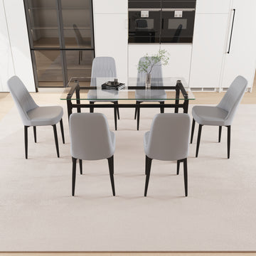 51" 6 Person Glass Dining Table Set, Kitchen Set With Black Metal Leg Dining Table And Chairs, Modern Rectangular Tempered Glass Tabletop And Dining Room Thick Cushioned Pu Dining Chairs Black Gray