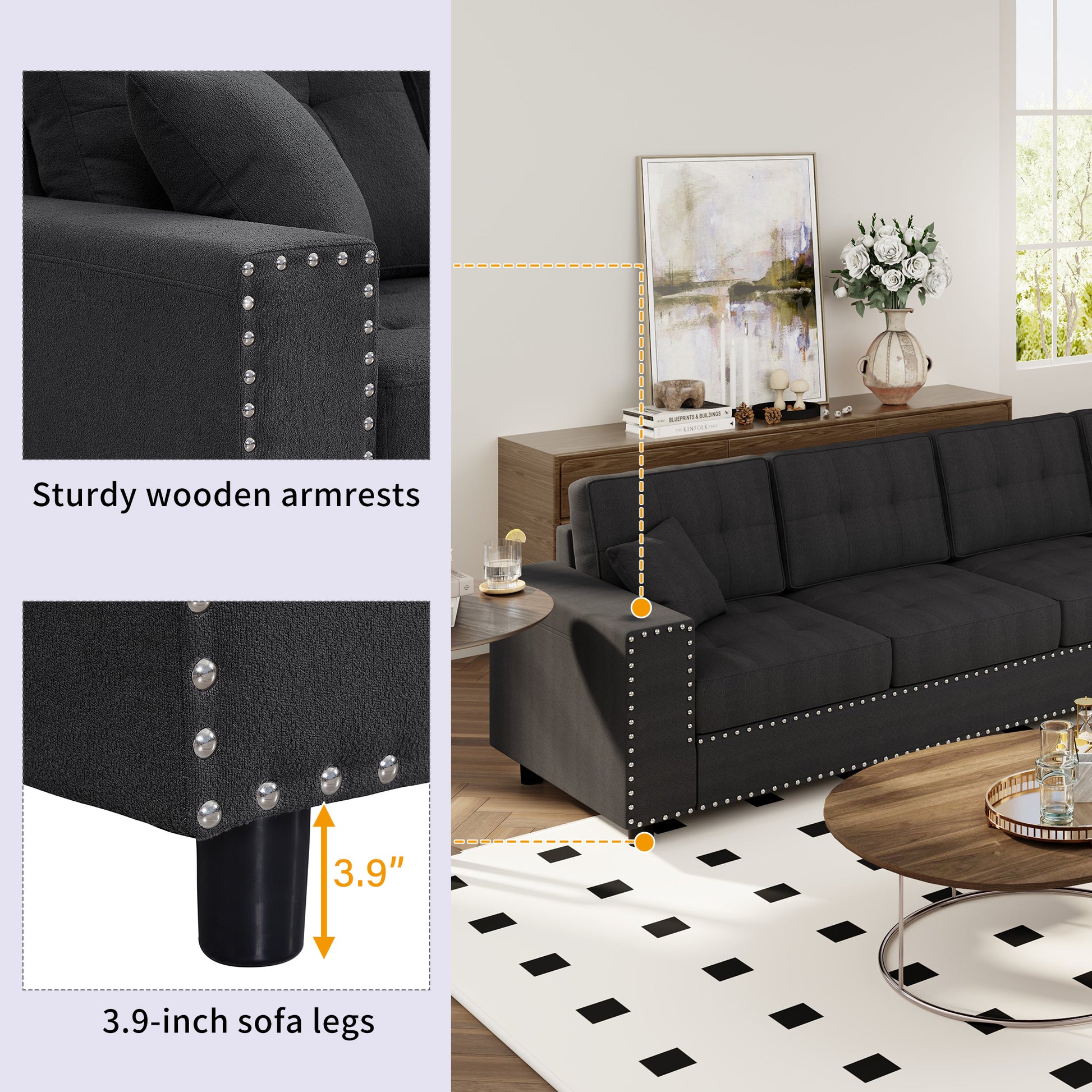 109.2''L Shaped Modular Sectional Sofa With Removable Back Cushions And 2 Pillows, Suitable For Living Rooms, Offices, And Apartments Dark Gray Polyester 5 Seat