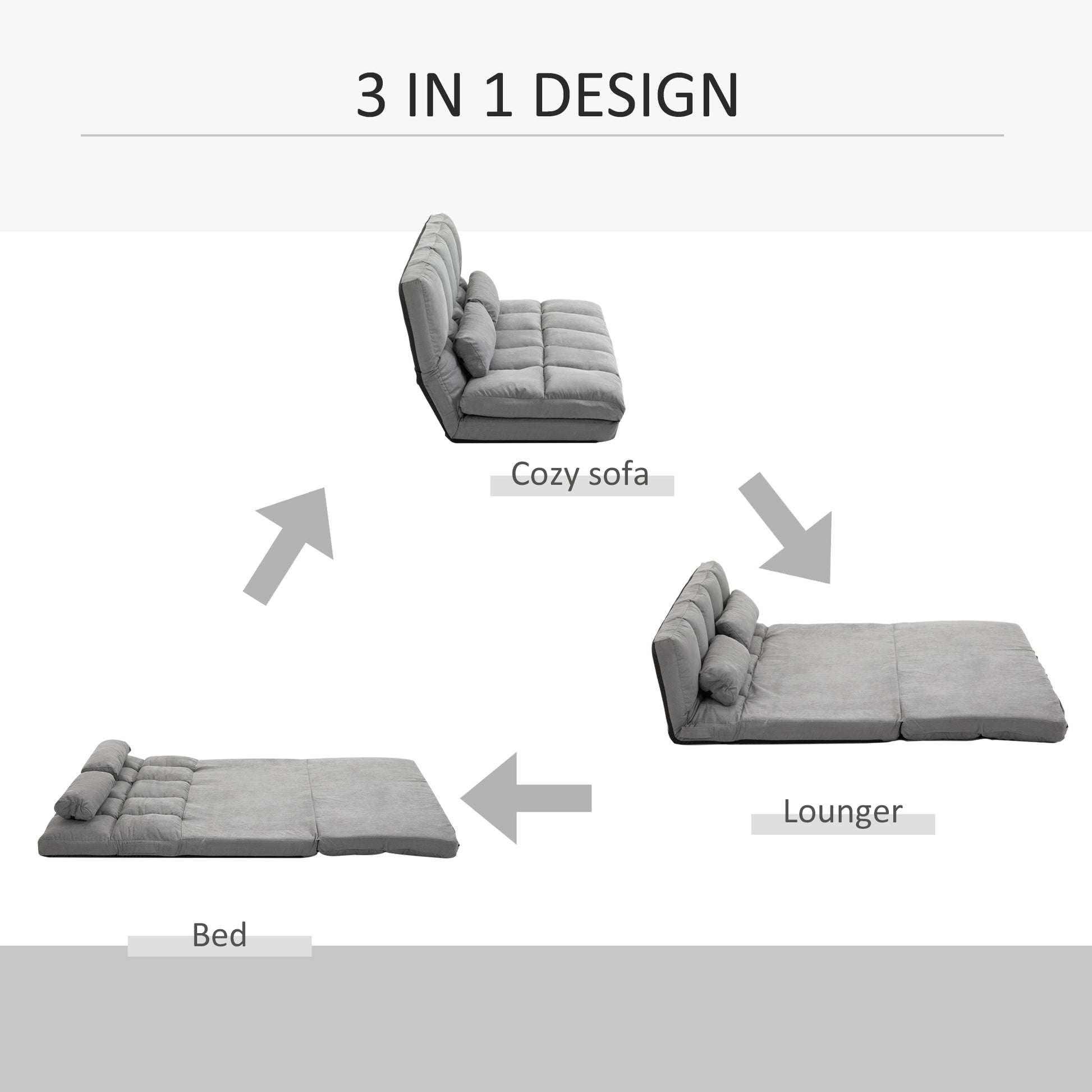 Homcom Convertible Floor Sofa Chair, Folding Couch Bed, Guest Chaise Lounge With 2 Pillows, Adjustable Backrest And Headrest, 40.25" L, Light Gray Light Gray Polyester