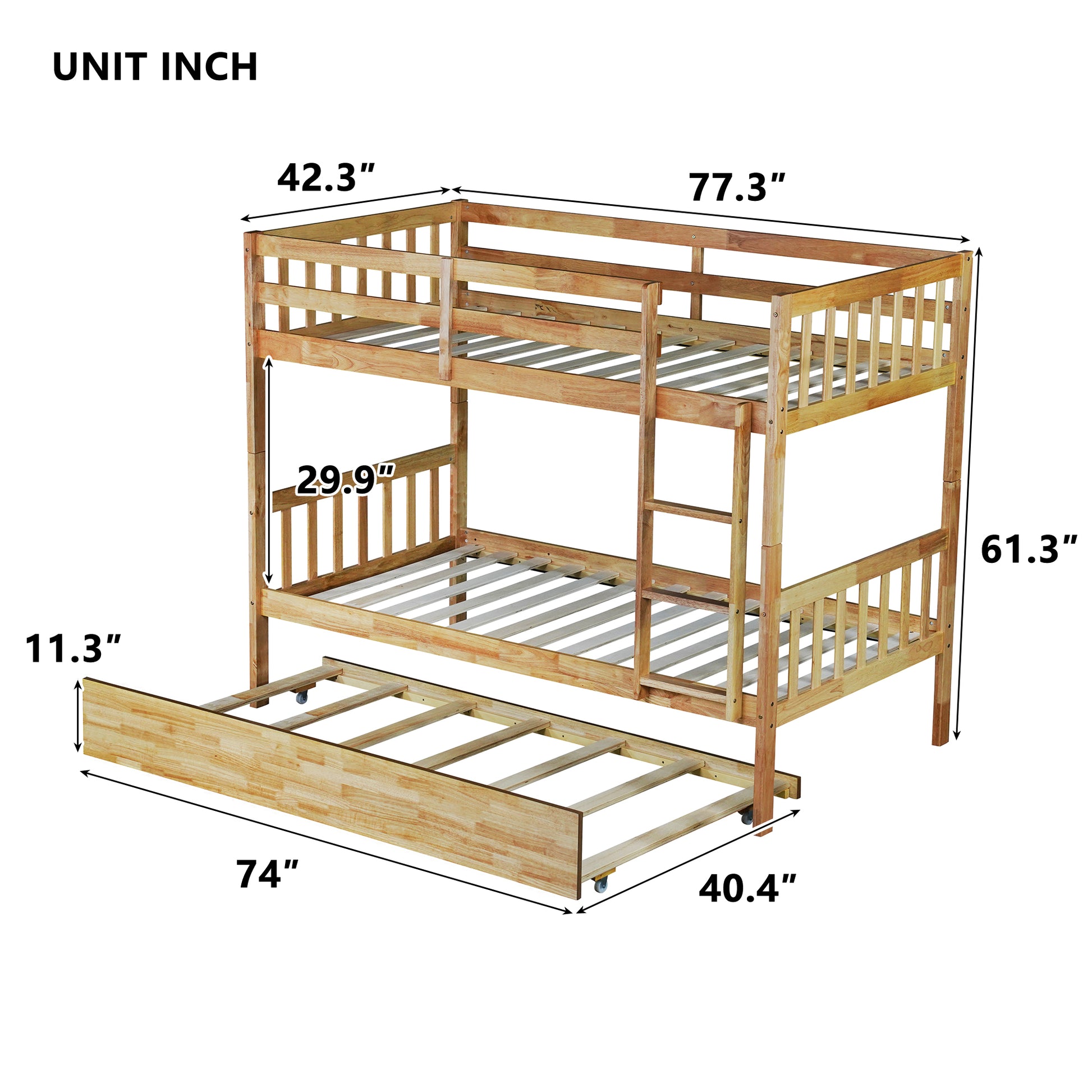 Twin Over Twin Rubber Wood Bunk Bed With Trundle, Convertible Into 2 Twin Size Beds, Twin Size Bunk Bed With Ladder And Safety Guardrails,Natural Twin Natural Rubber Wood