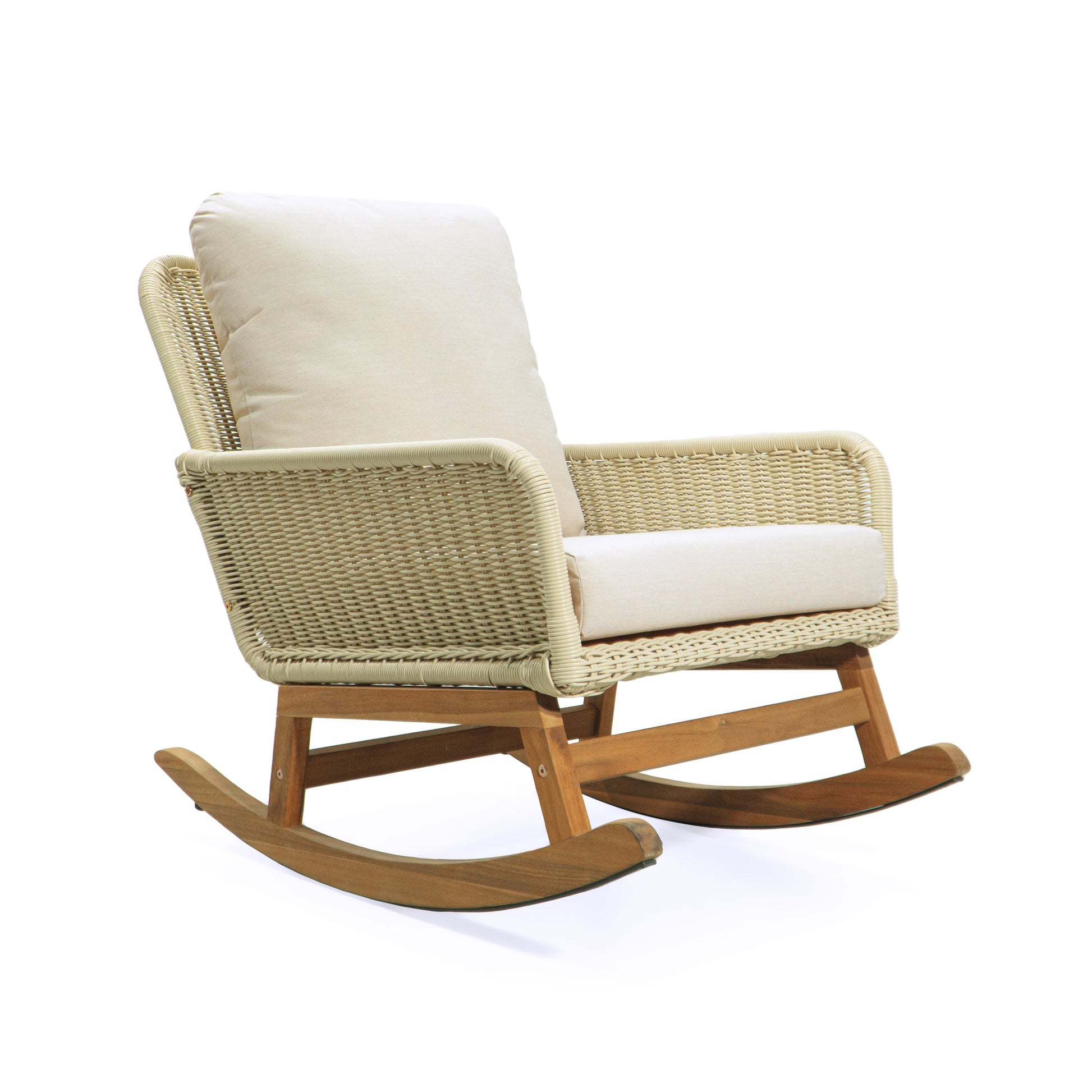 Contemporary Minimalist Ivory Wicker Rocking Chair With Soft Polyester Cushions And Durable Wooden Frame, Perfect For Indoor And Outdoor Spaces Like Patio, Balcony, Or Living Room Ivory Pe Rattan
