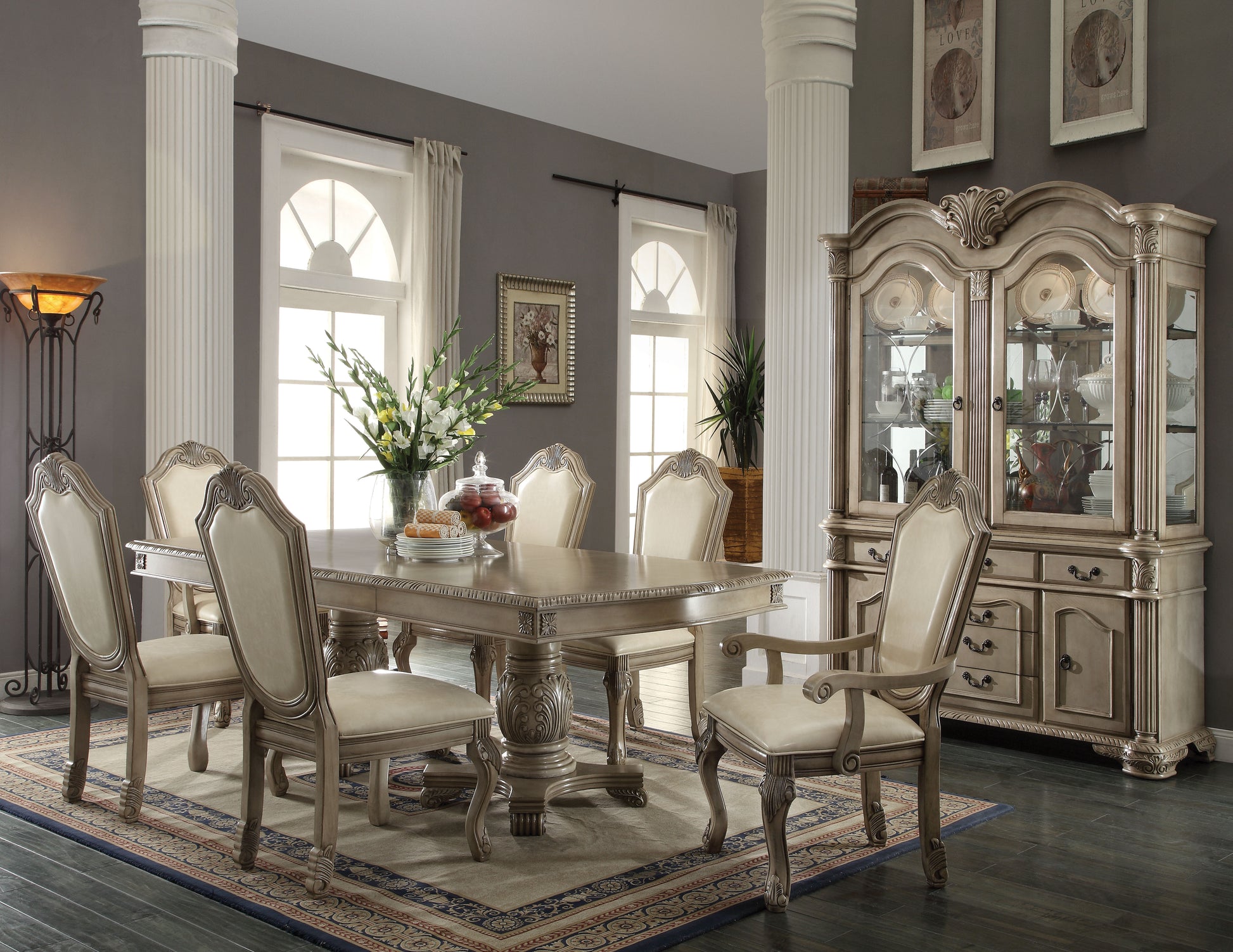 Chateau De Ville Arm Chair Set 2 , Synthetic Leather & Antique White 64068A White Upholstered