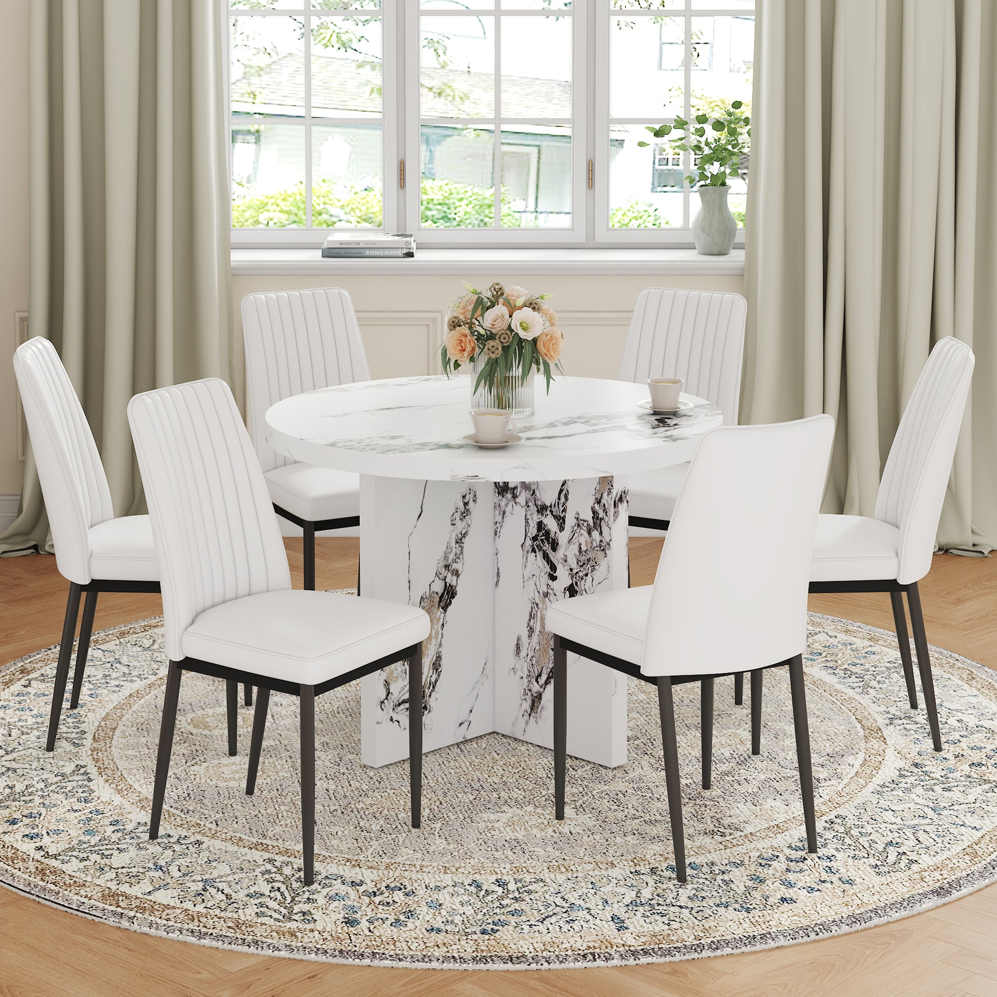 7 Piece Round Dining Table Set, 42 Inch Modern Round Table And 6 Upholstered Chairs For Dining Room, Kitchen Room, Living Room, Easy Assembly Metal White 42 Inches Modern Trestle Round Mdf Mdf